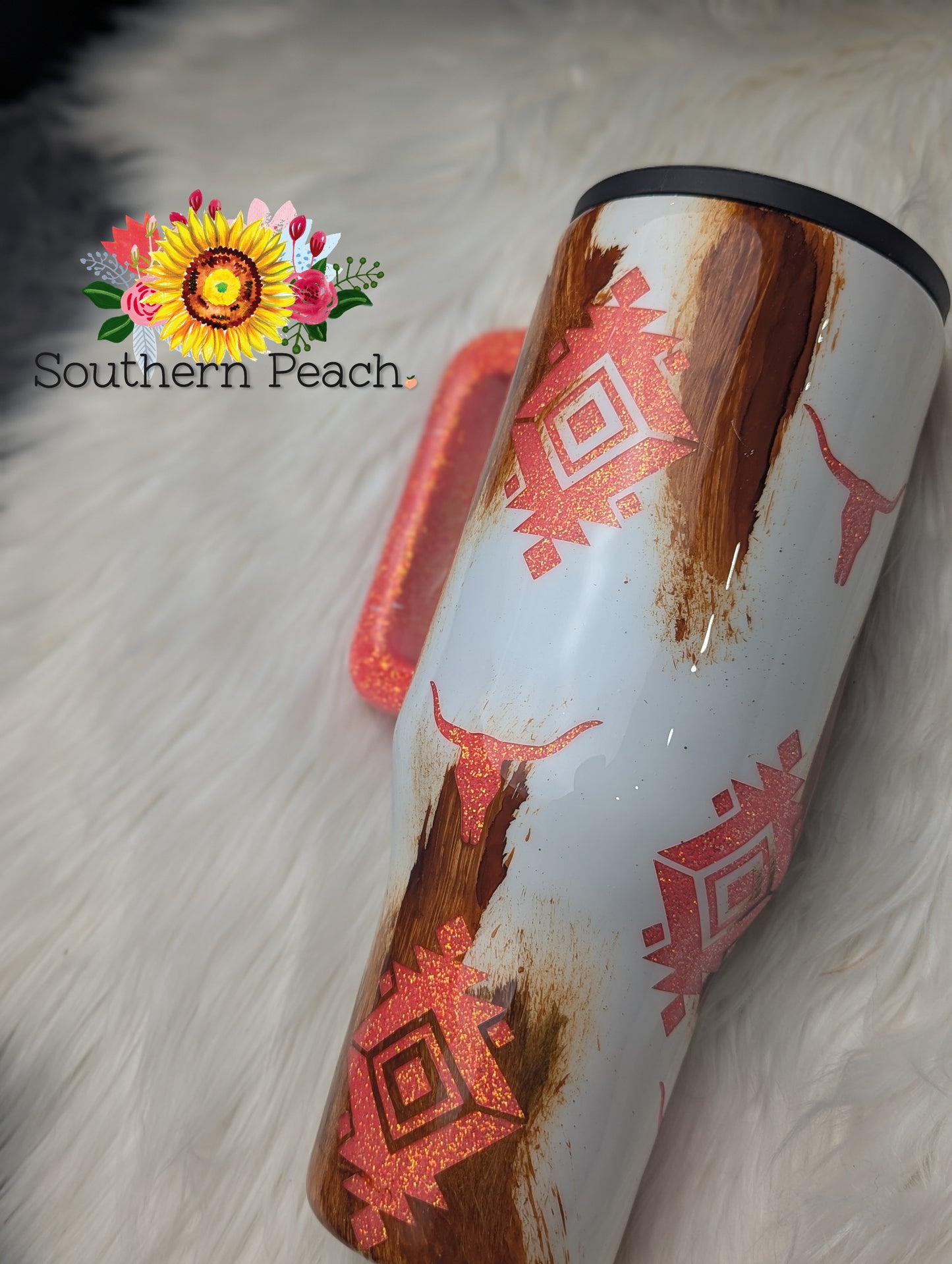Authentic Stanley Handled Aztec Cow Hide Painted Glitter Tumbler