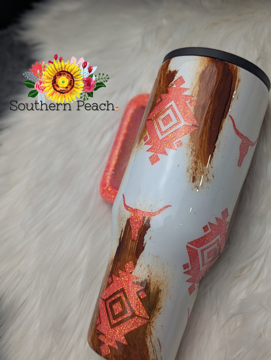 Handled Aztec Cow Hide Painted Glitter Tumbler