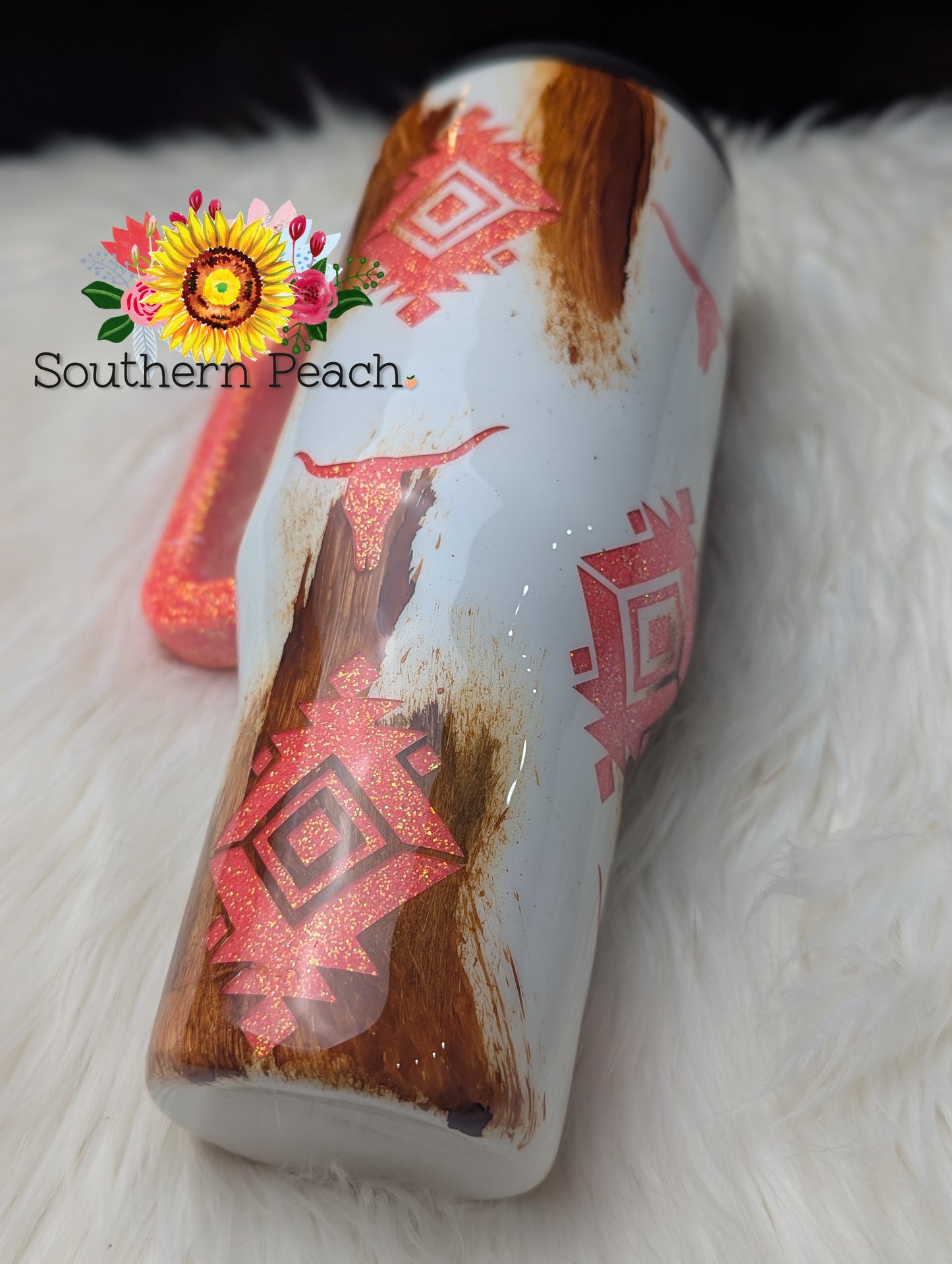 Authentic Stanley Handled Aztec Cow Hide Painted Glitter Tumbler