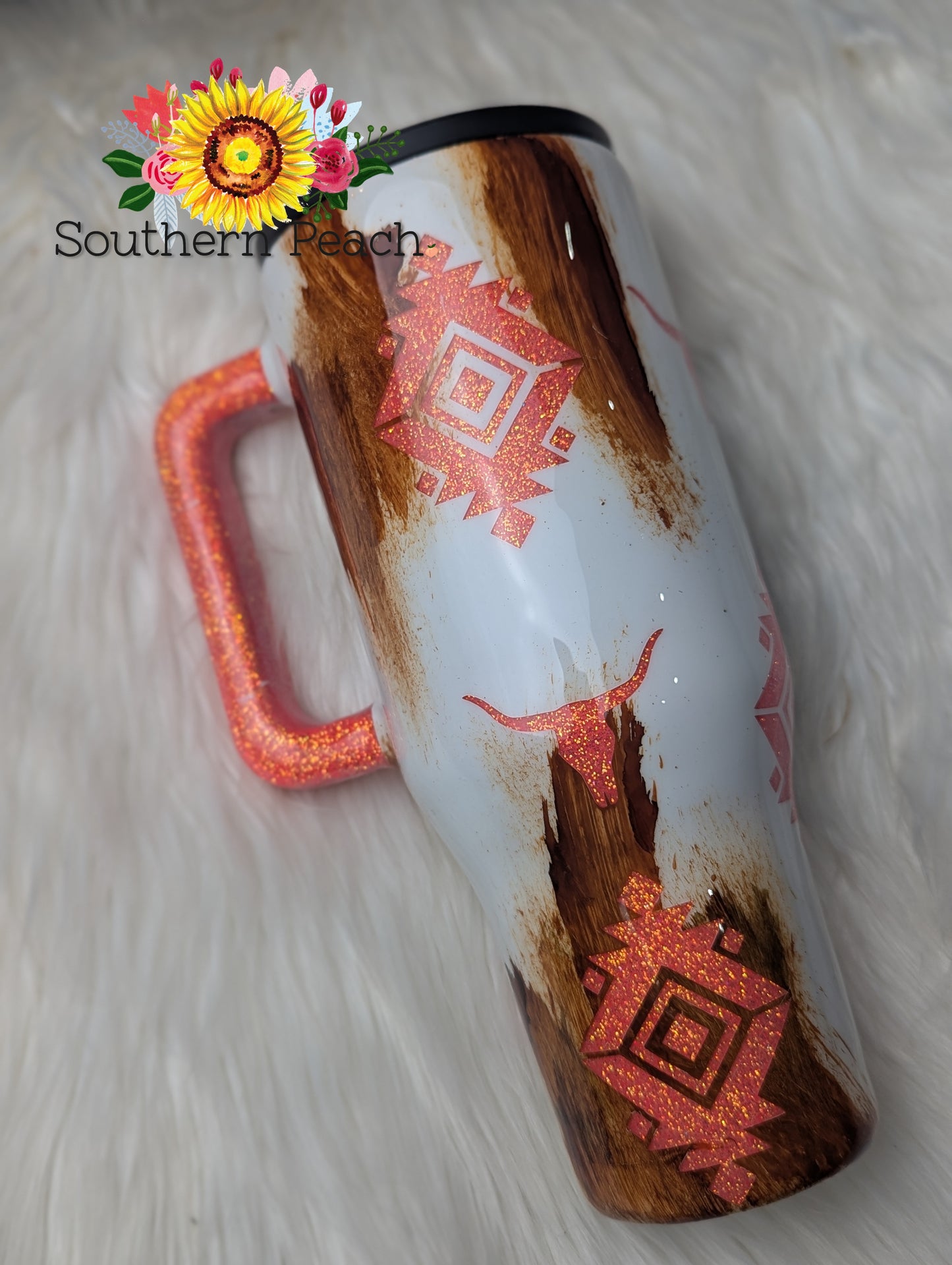 Authentic Stanley Handled Aztec Cow Hide Painted Glitter Tumbler
