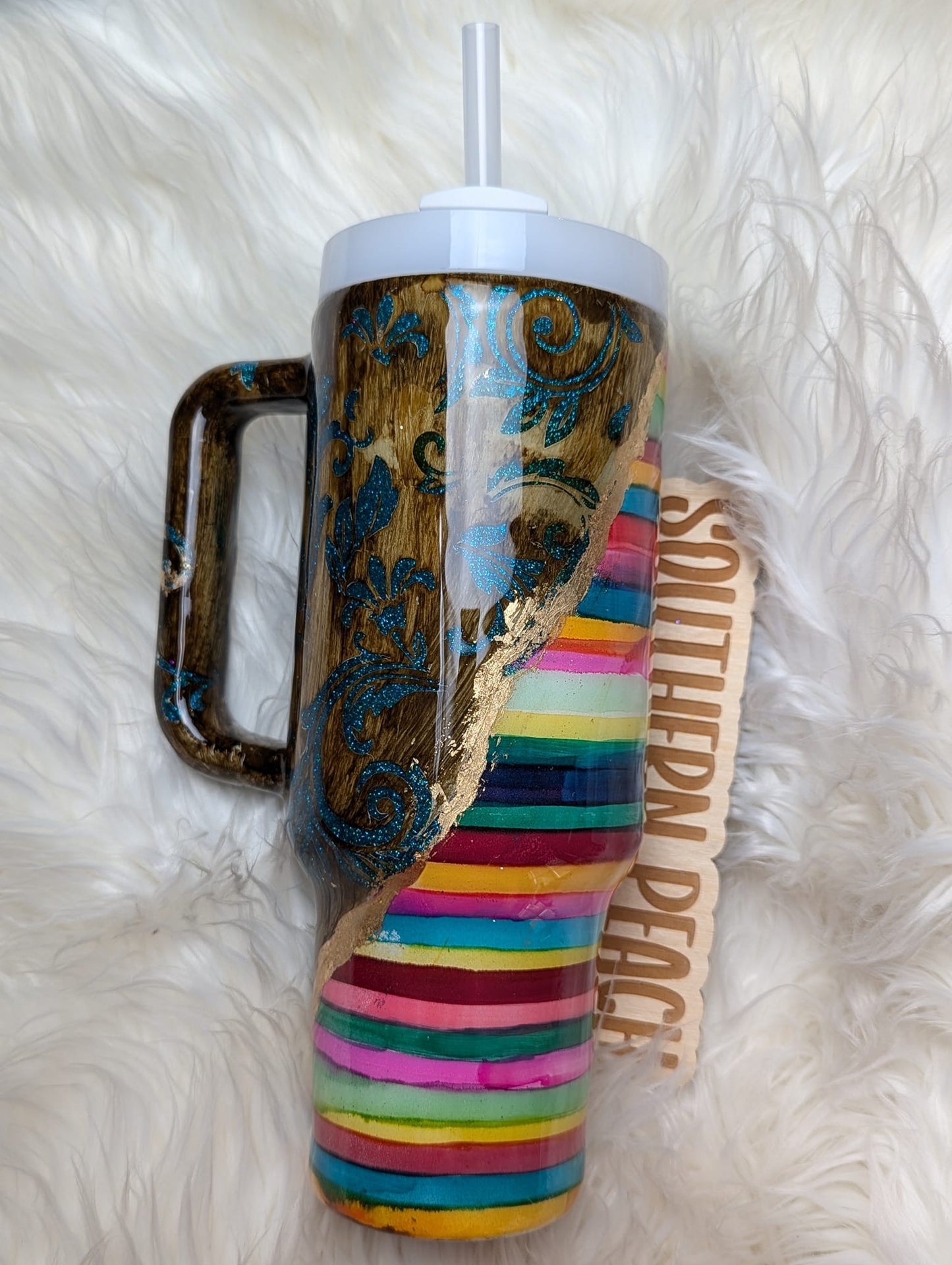Authentic Stanley Handled Serape/Damask Glitter Tumbler