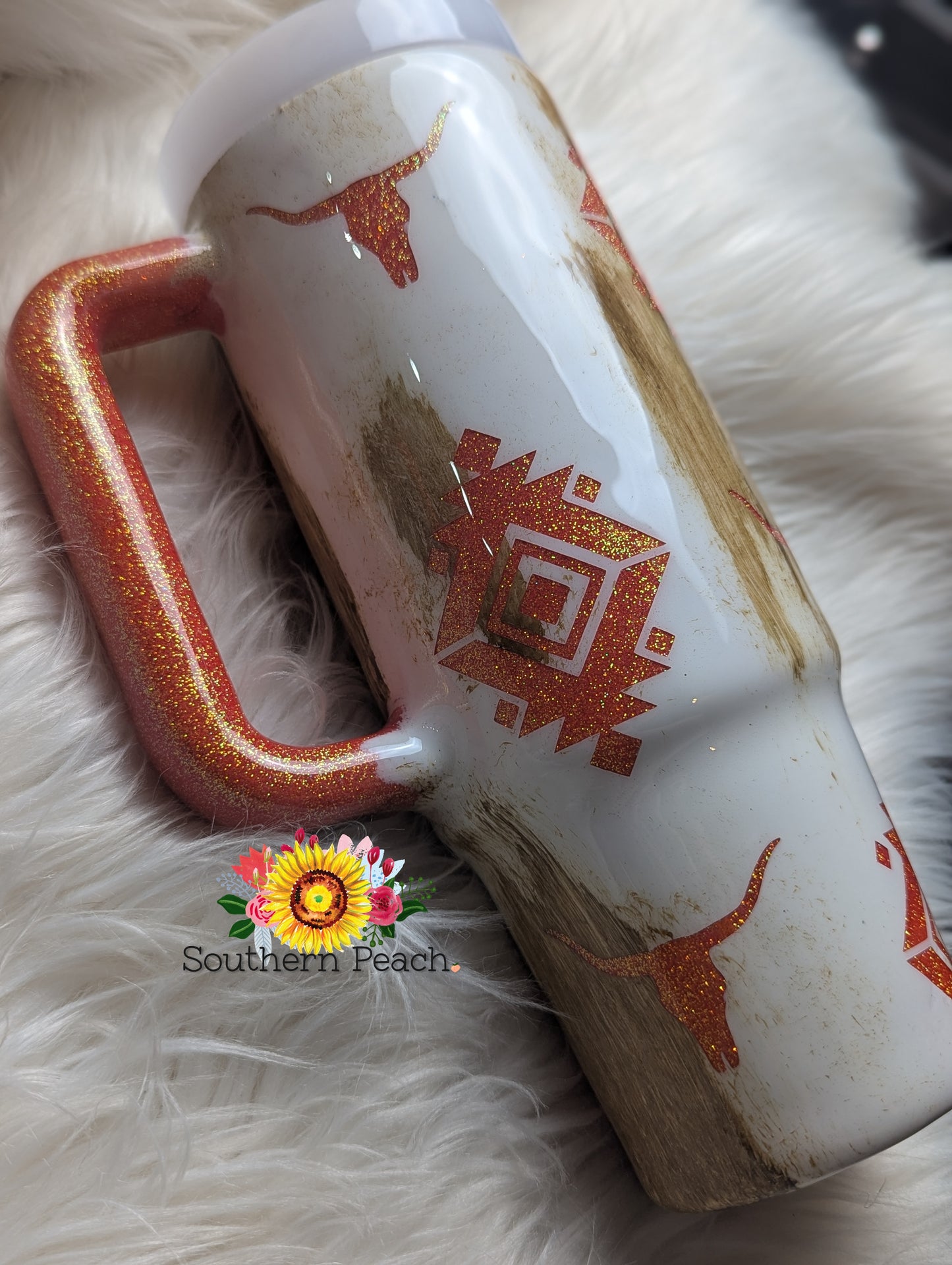 Authentic Stanley Handled Aztec Cow Hide Painted Glitter Tumbler
