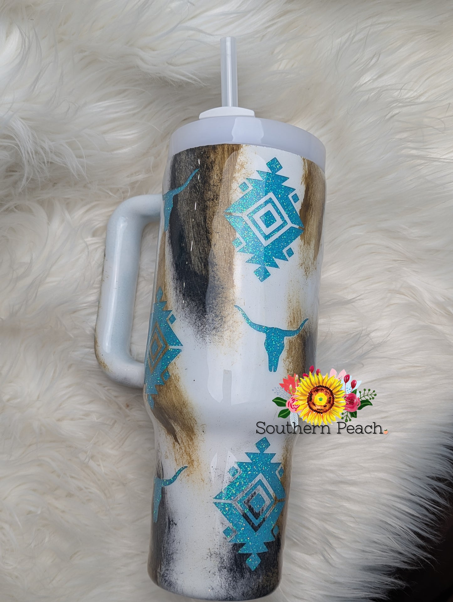Authentic Stanley Handled Aztec Cow Hide Painted Glitter Tumbler