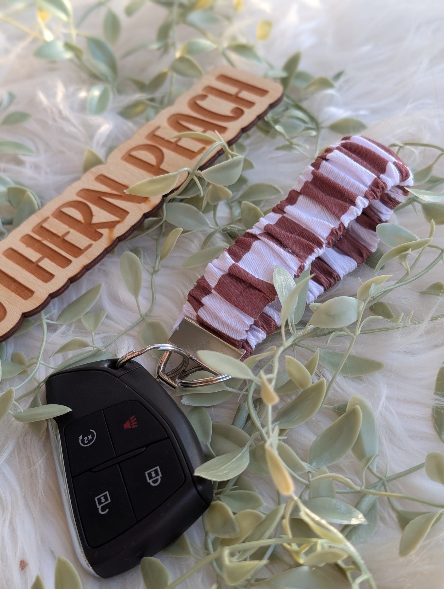 Brown Checkered Scrunchie Keychain