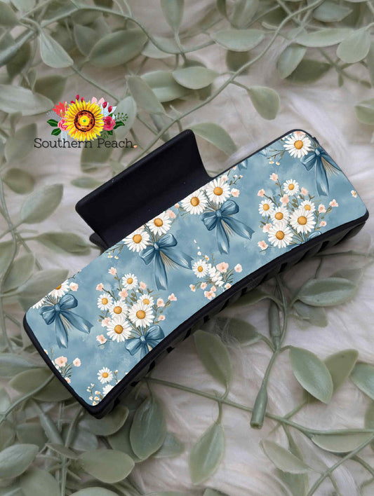 Blue Daisy Bow Claw Clip